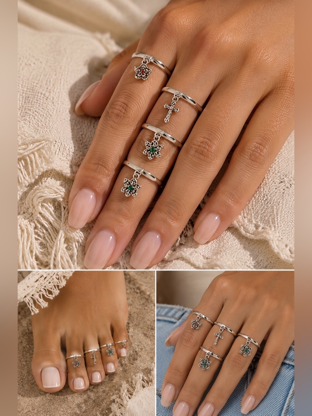 Silver Tone Adjustable Toe Ring Bundle | Cross & Floral Midi Rings Set of 4
